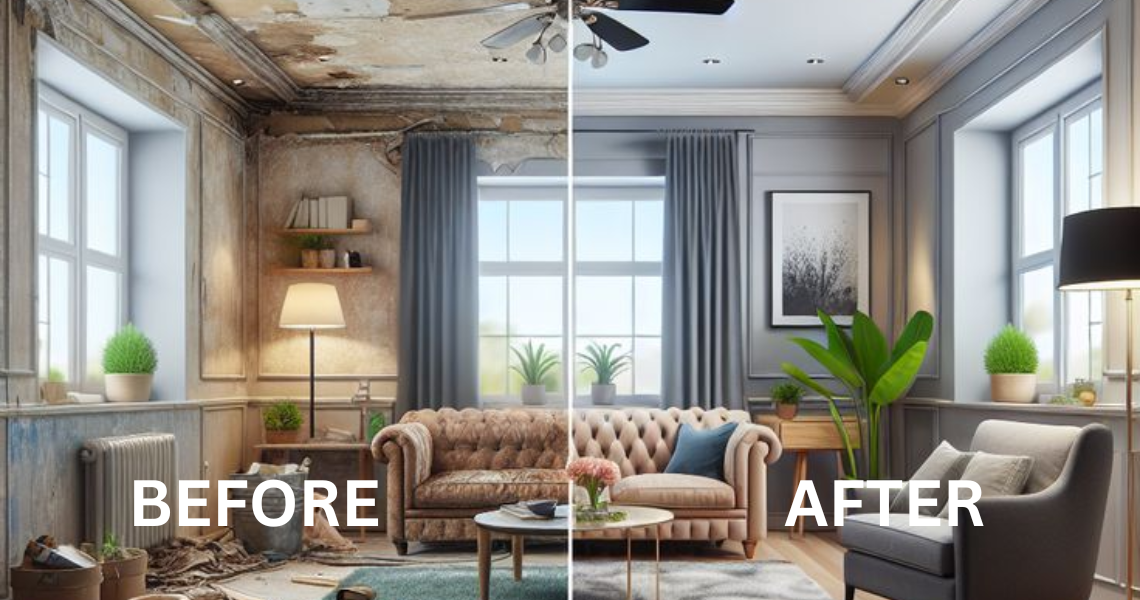 Before and after living room renovation in Indore displaying a damaged room transformed into a modern gray space.