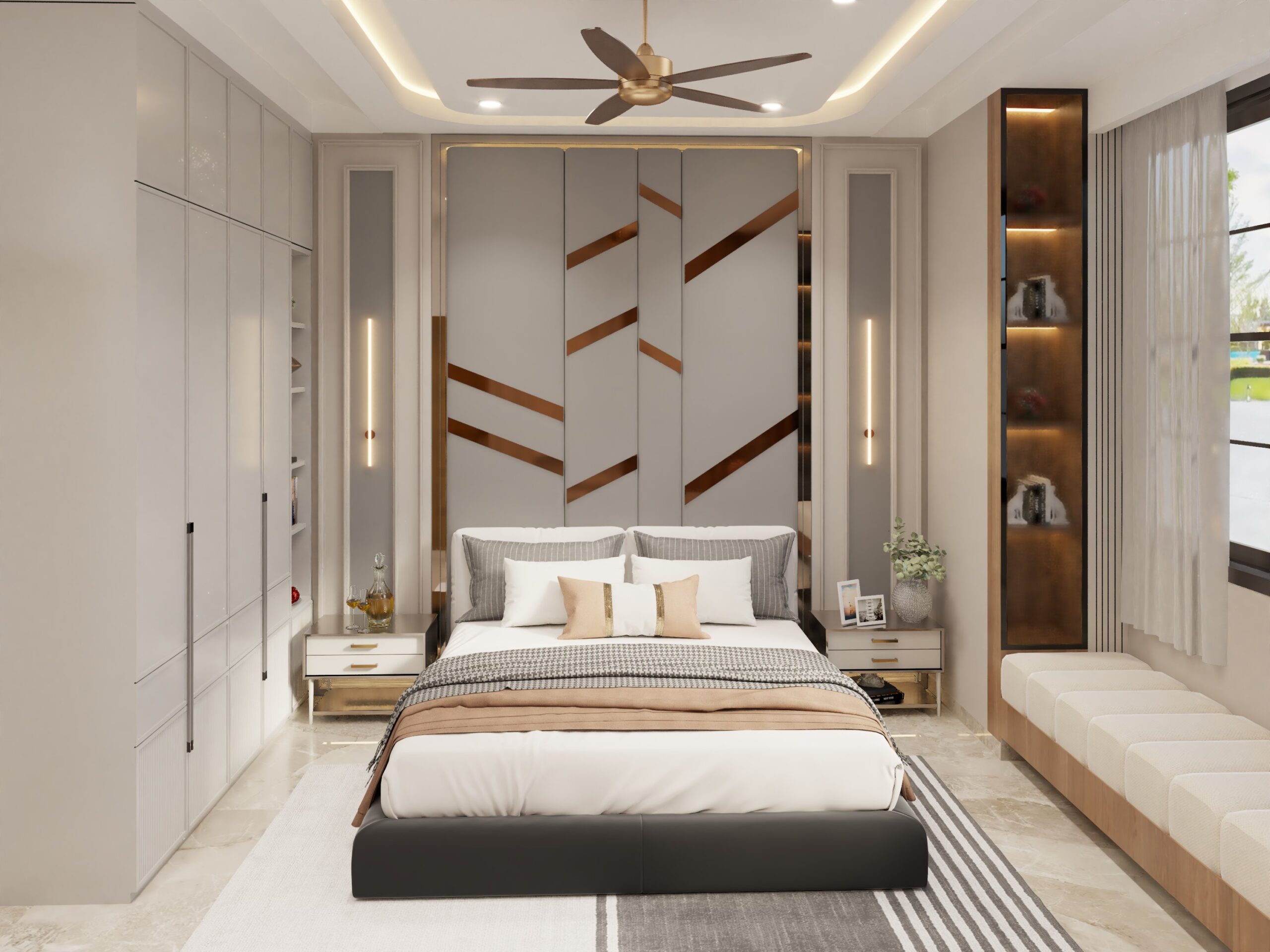 Modern luxury bedroom in Indore featuring an upholstered bed, geometric accent wall, built-in wardrobes, and a window bench.