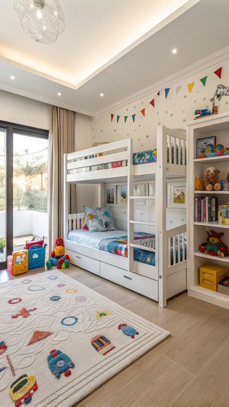 Modern kids bedroom interior in Indore featuring a white bunk bed, bookshelf, playful rug, and colorful decor.