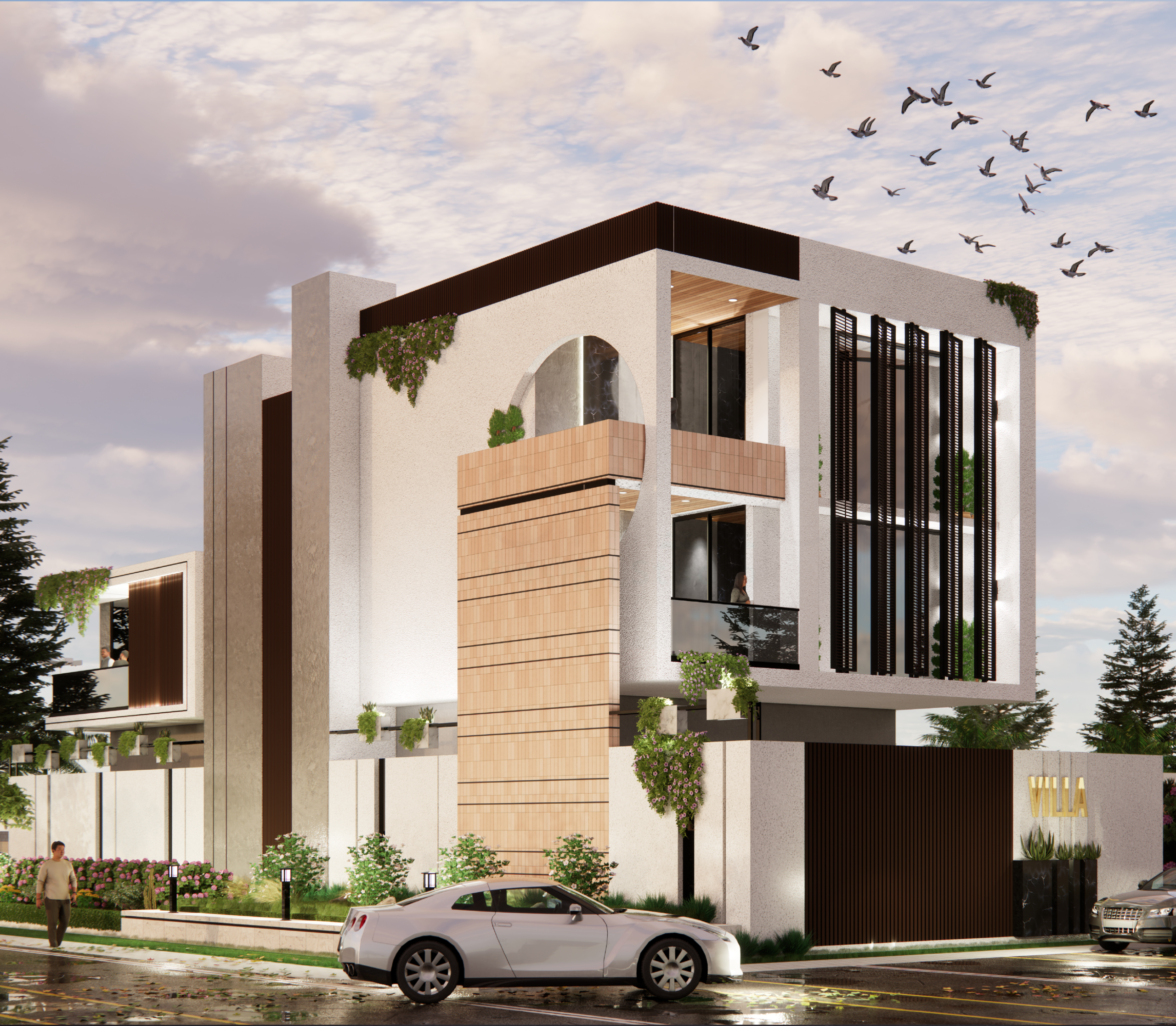 Modern luxury villa exterior in Indore featuring vertical louvers, textured stone cladding, balconies, and lush landscaping.