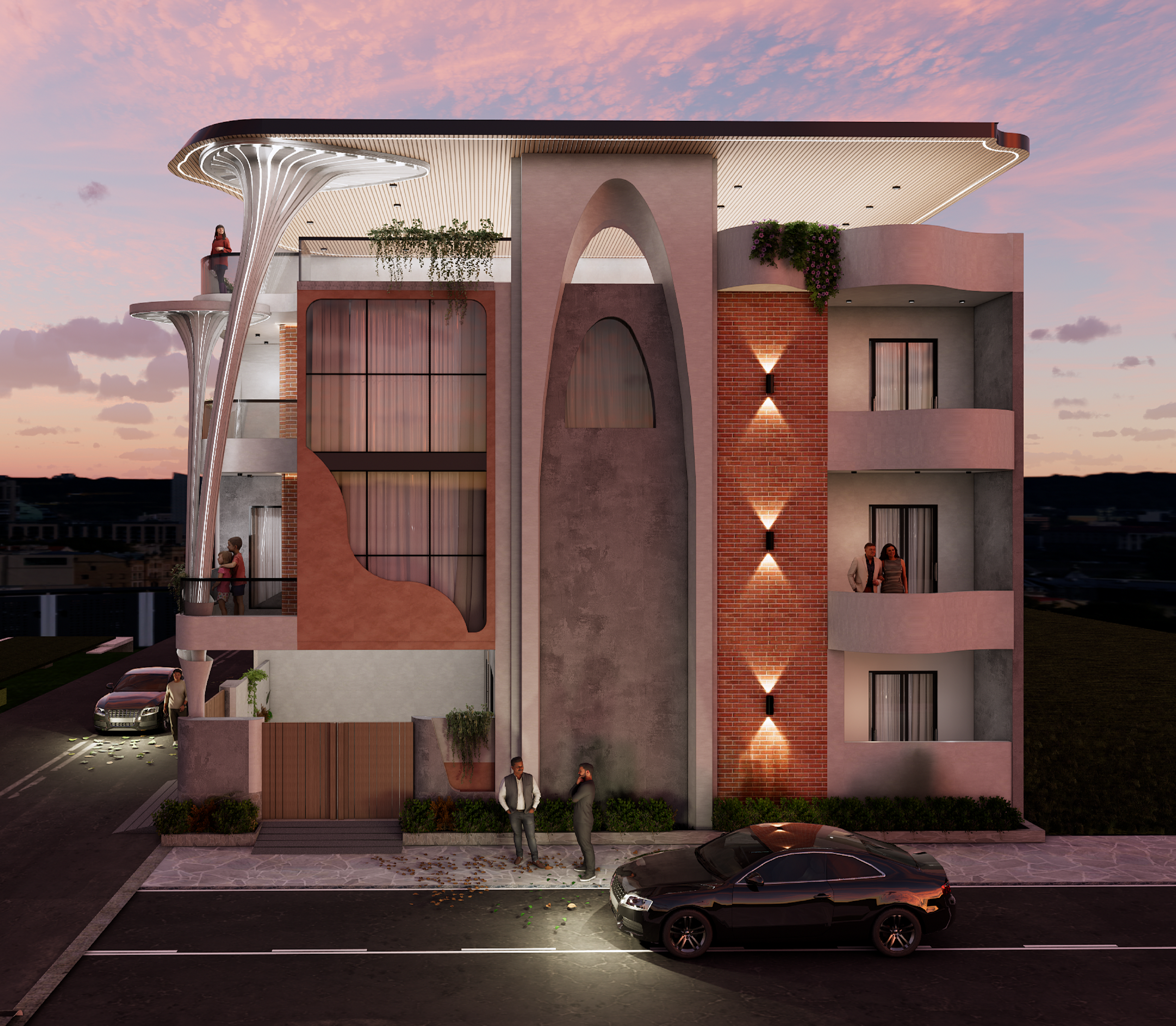 Modern architectural building exterior in Indore at sunset with unique column structures, curved balconies, and brick accents.