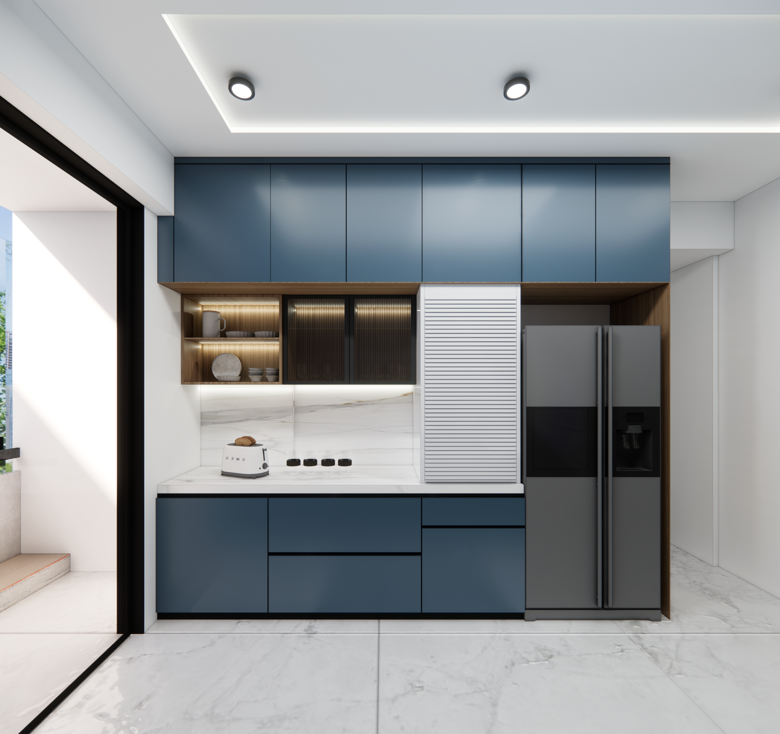 Modern kitchen in Indore featuring blue cabinets, a marble countertop, white backsplash, and a double-door refrigerator.