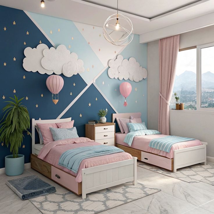 Modern kids bedroom interior in Indore featuring twin beds, cloud wall art, hot air balloon decor, and a nightstand.