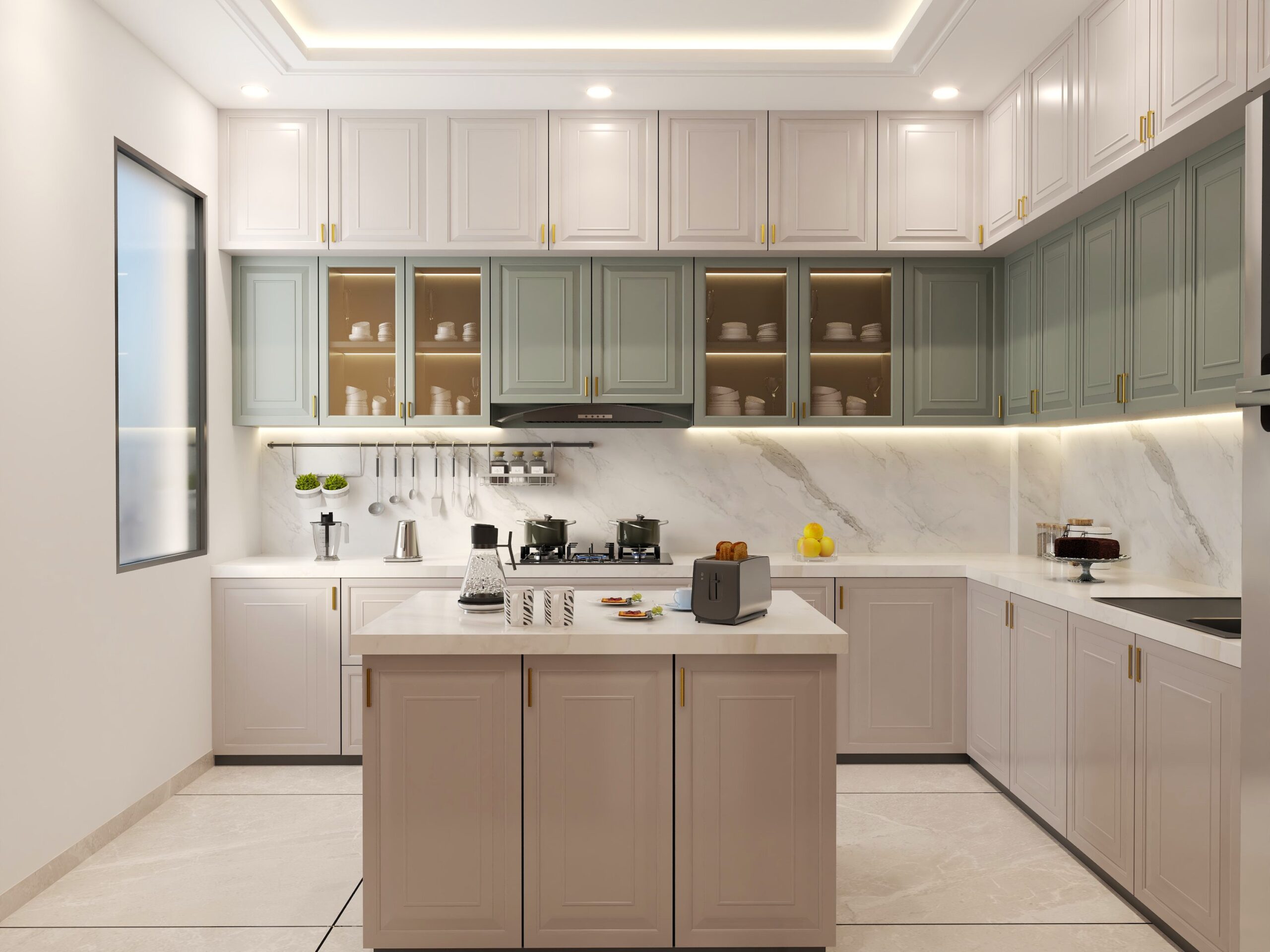 Modern kitchen in Indore featuring a center island, multi-toned cabinetry, marble countertops, and under-cabinet lighting.