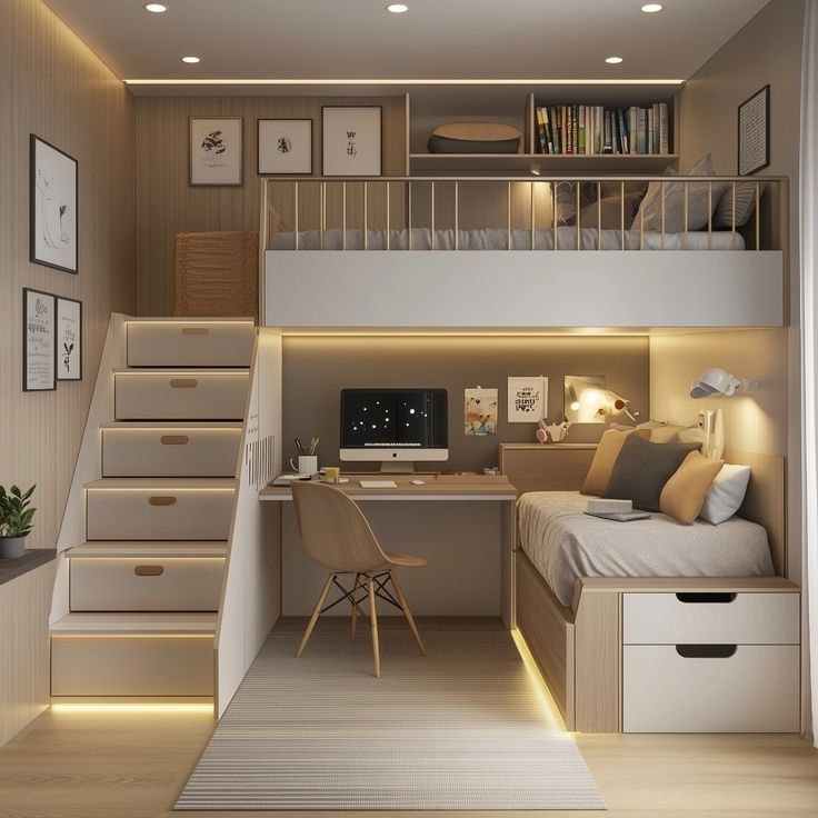 Modern multi-functional small bedroom in Indore featuring a loft bed, lower daybed, desk, and lighted storage stairs.