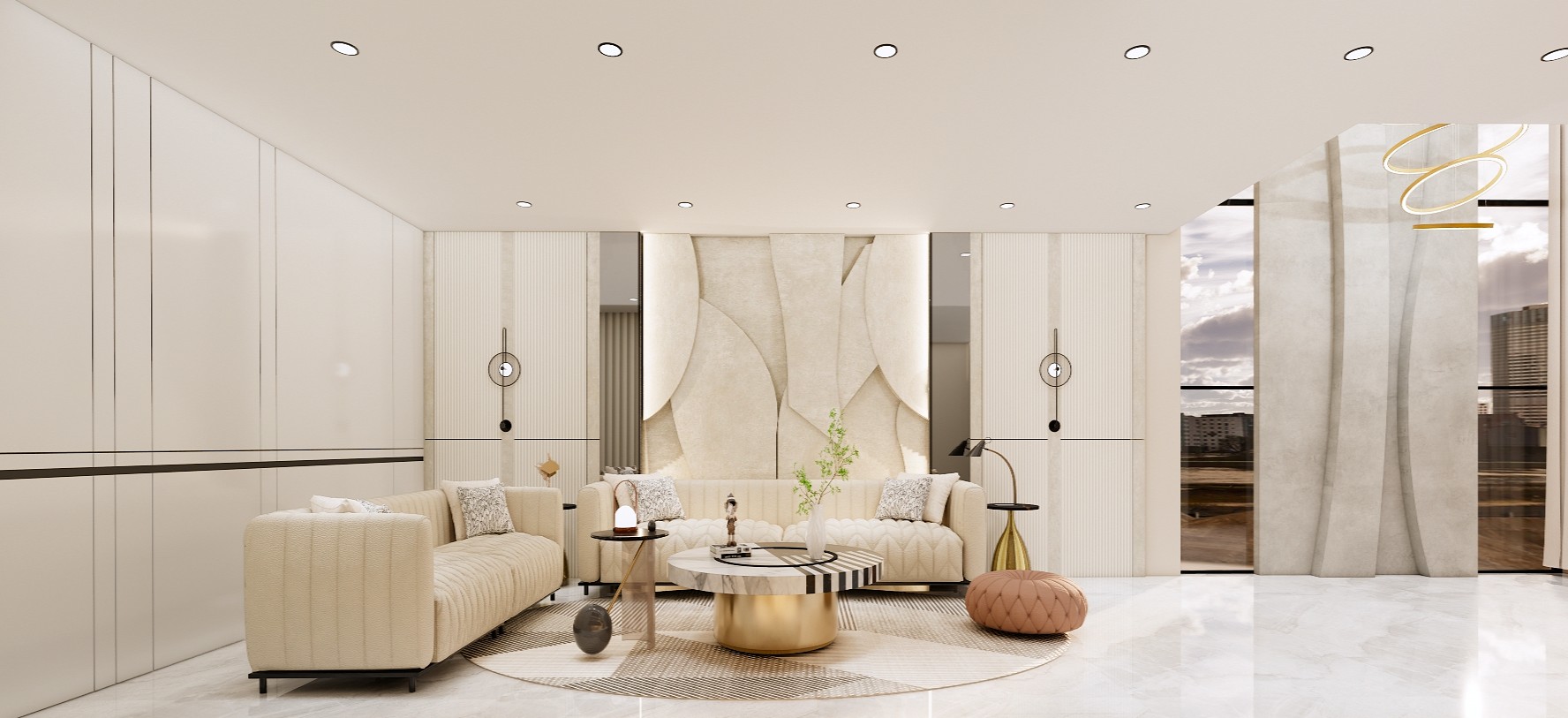 Modern luxury living room in Indore featuring cream sofas, a textured accent wall, a marble coffee table, and large windows.