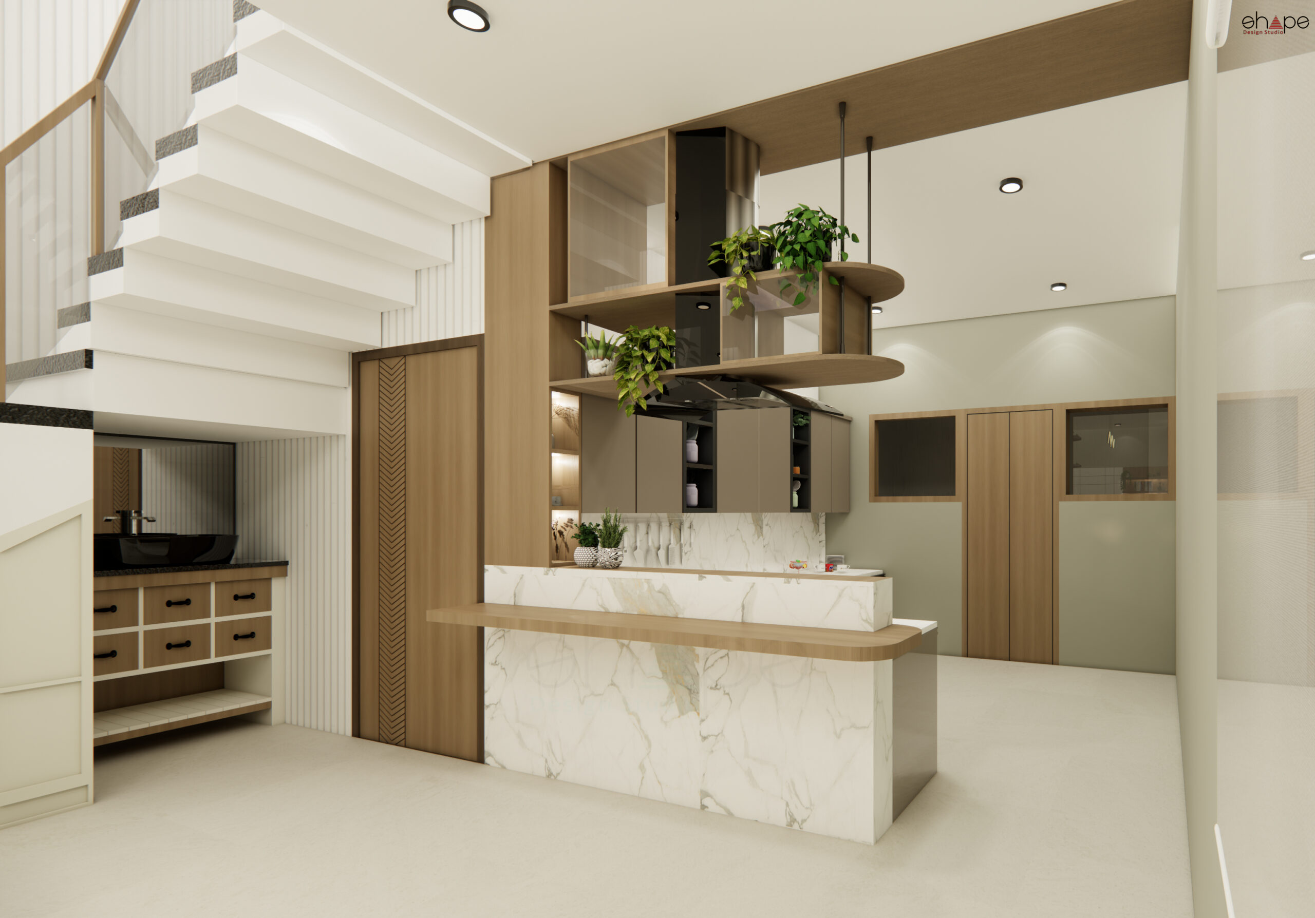 Modern kitchen and staircase in Indore featuring marble counters, wooden cabinets, hanging shelves, and an under-stair vanity.
