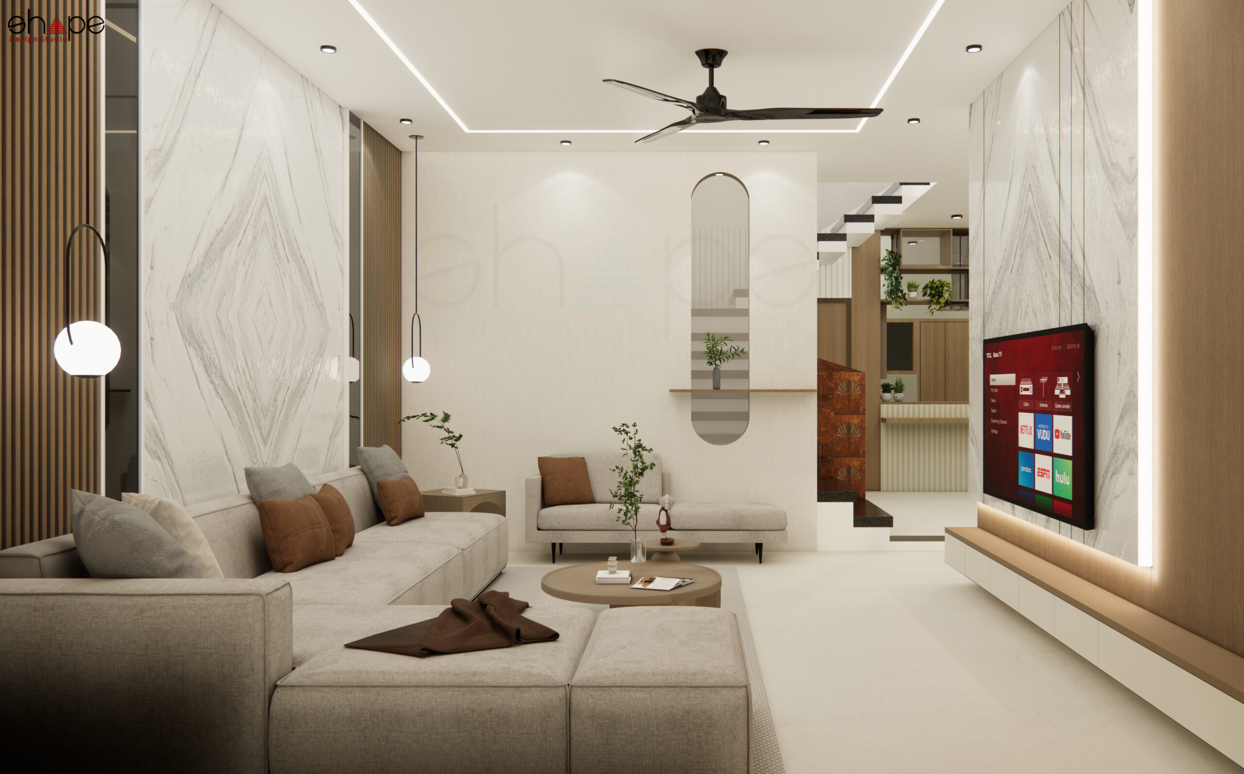 Modern luxury living room in Indore featuring a light beige sectional sofa, marble wall panels, and a mounted TV.