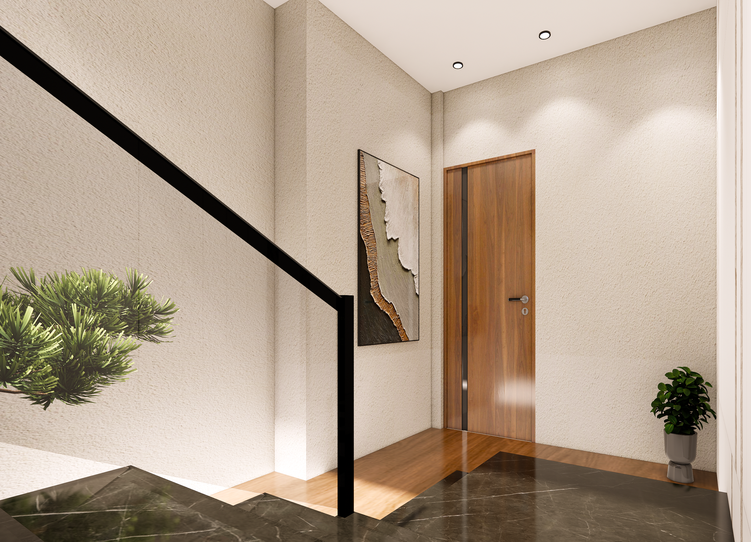 Modern minimalist entryway and staircase in Indore featuring a wooden door, textured walls, and dark marble steps.