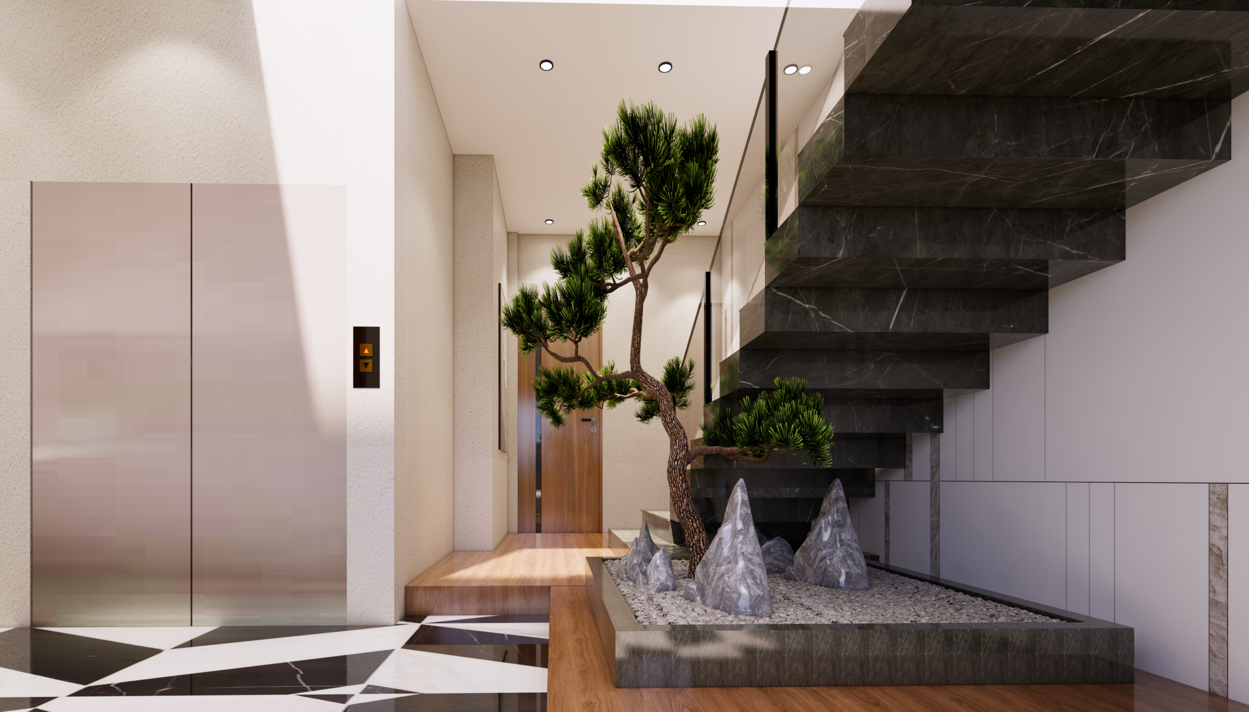 Modern indoor zen garden and staircase in Indore featuring a bonsai tree, dark marble steps, and an elevator.