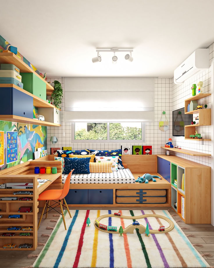 Modern kids bedroom interior in Indore featuring a platform bed, colorful storage, built-in desk, and playful decor.