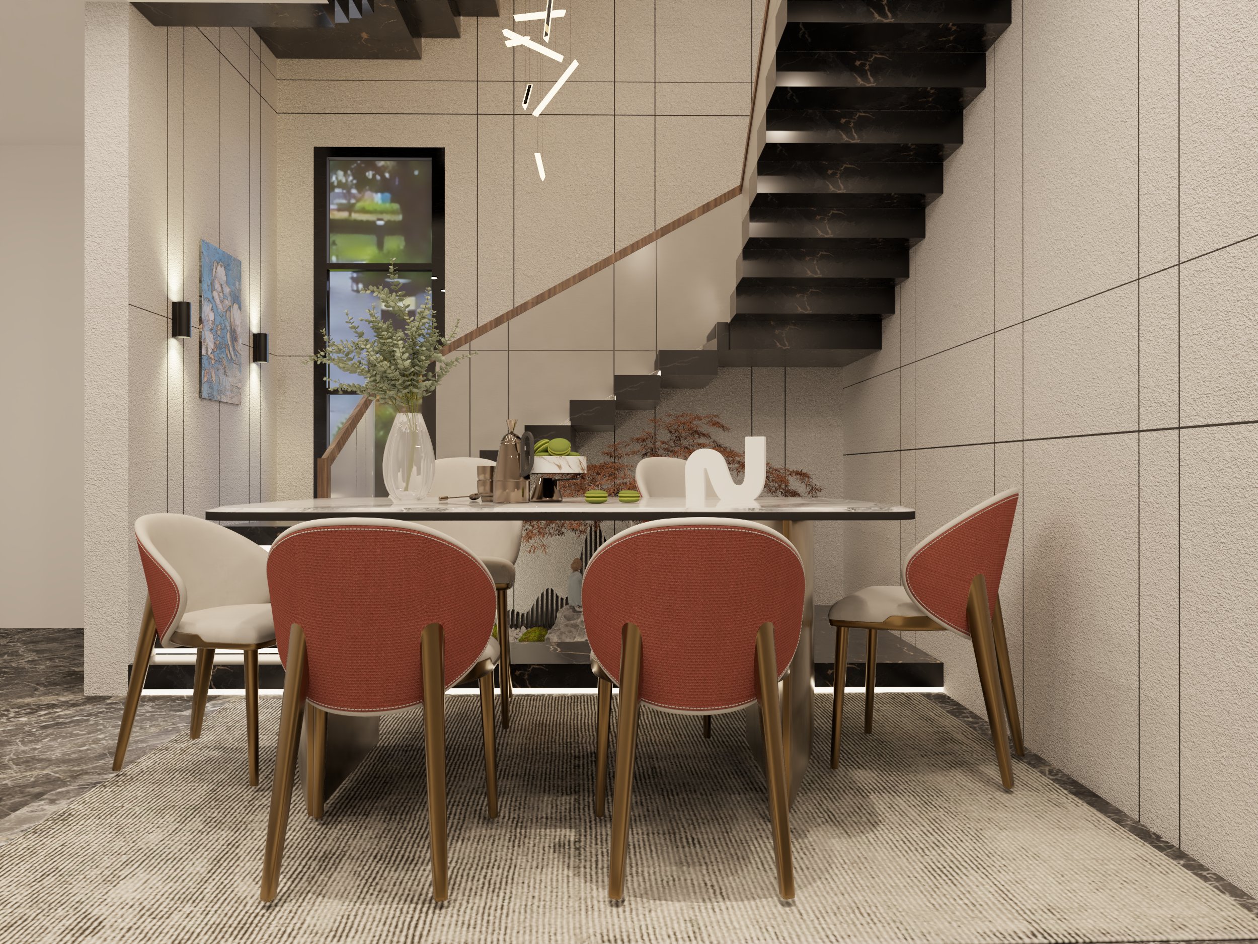Modern luxury dining area and staircase in Indore featuring stylish chairs, a dining table, and textured walls.