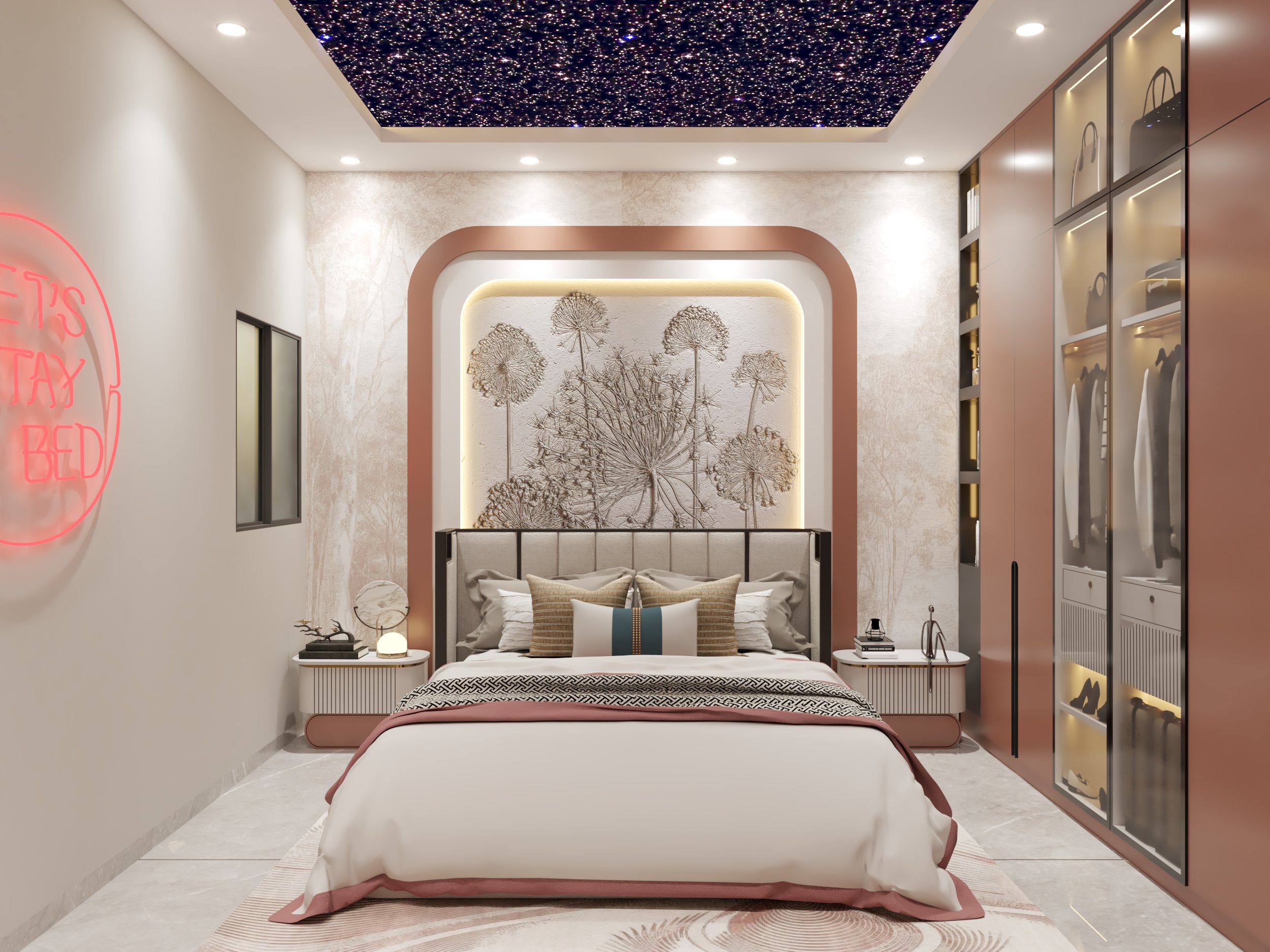 Modern luxury bedroom in Indore featuring a floral wall panel, star-effect ceiling, glass-front wardrobes, and neon sign.