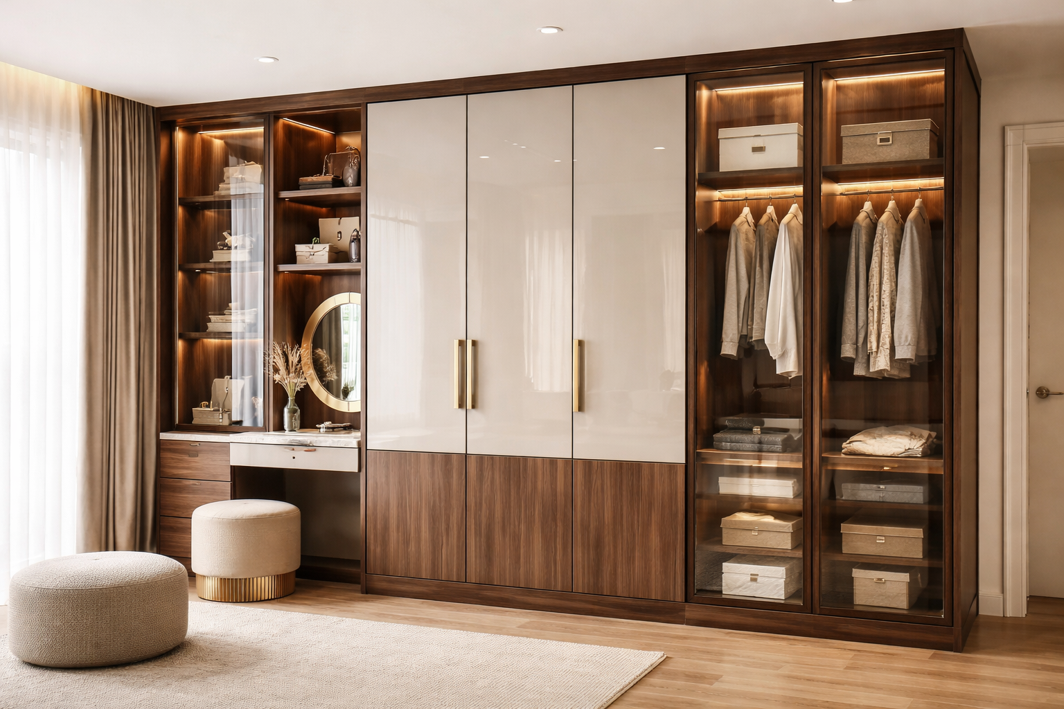 Modern wardrobe and dressing unit interior in Indore featuring dark wood, glass-front cabinets, and a vanity table.