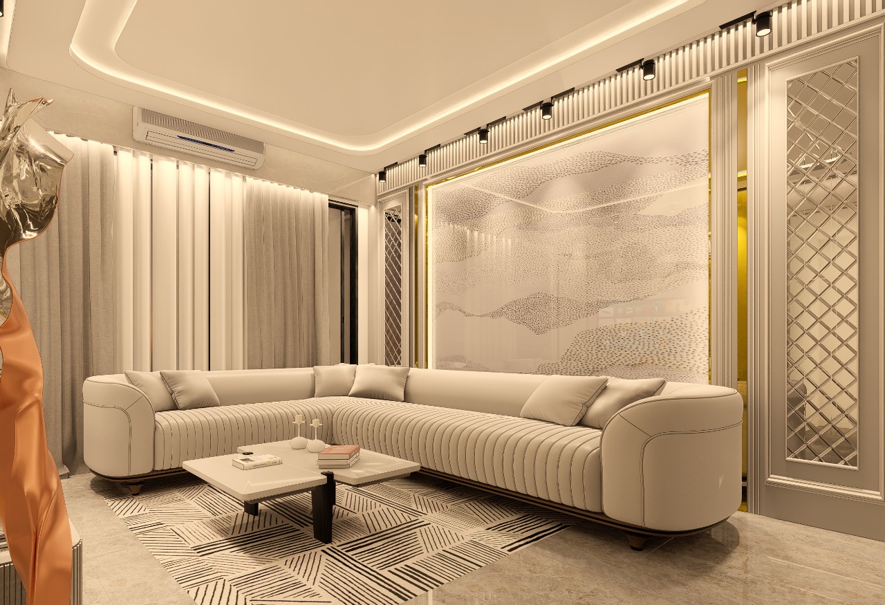Modern luxury living room in Indore featuring a large cream sectional sofa, abstract wall art, and a geometric coffee table.