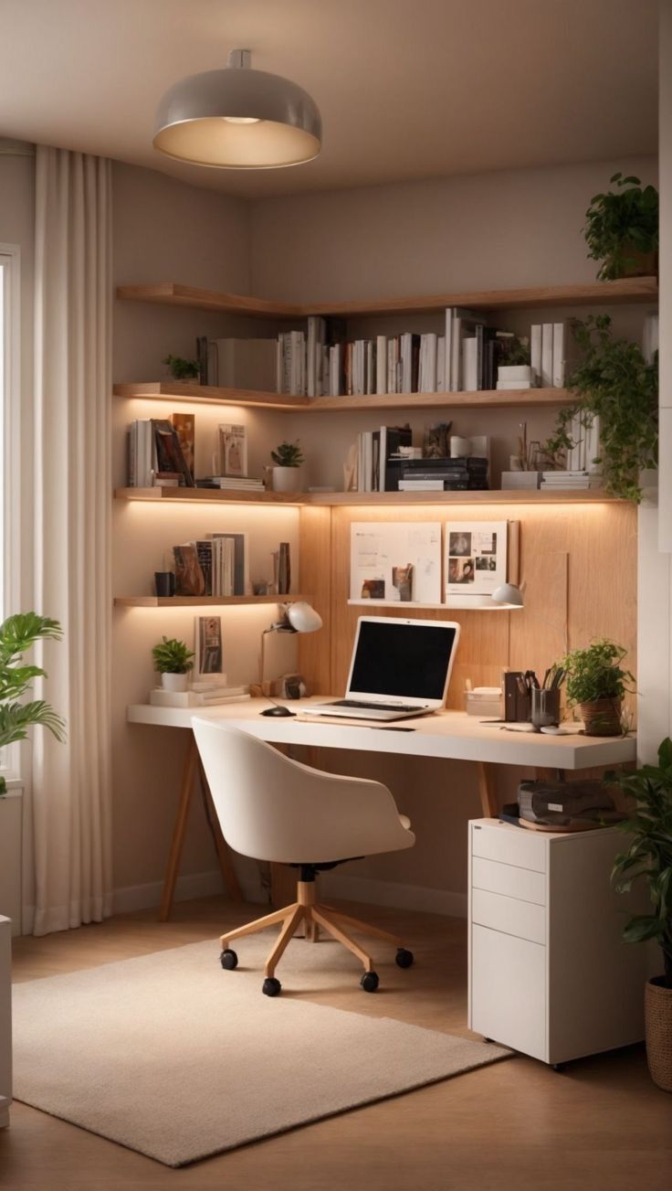 Modern cozy home office in Indore featuring a white desk, rolling chair, corner shelves, and potted plants.