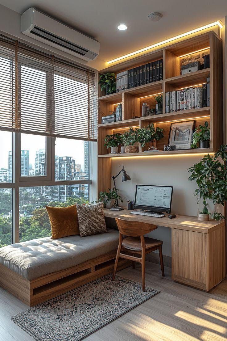 Modern home office in Indore featuring a built-in wooden desk, daybed bench, shelving unit, and city window view.