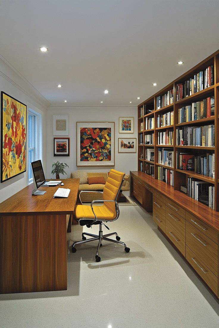 Modern executive home office in Indore featuring a wooden desk, yellow office chair, and built-in bookshelves.