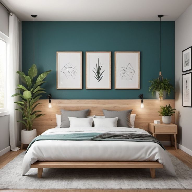 Modern bedroom in Indore featuring a teal accent wall, wooden headboard, hanging plants, and framed botanical art.
