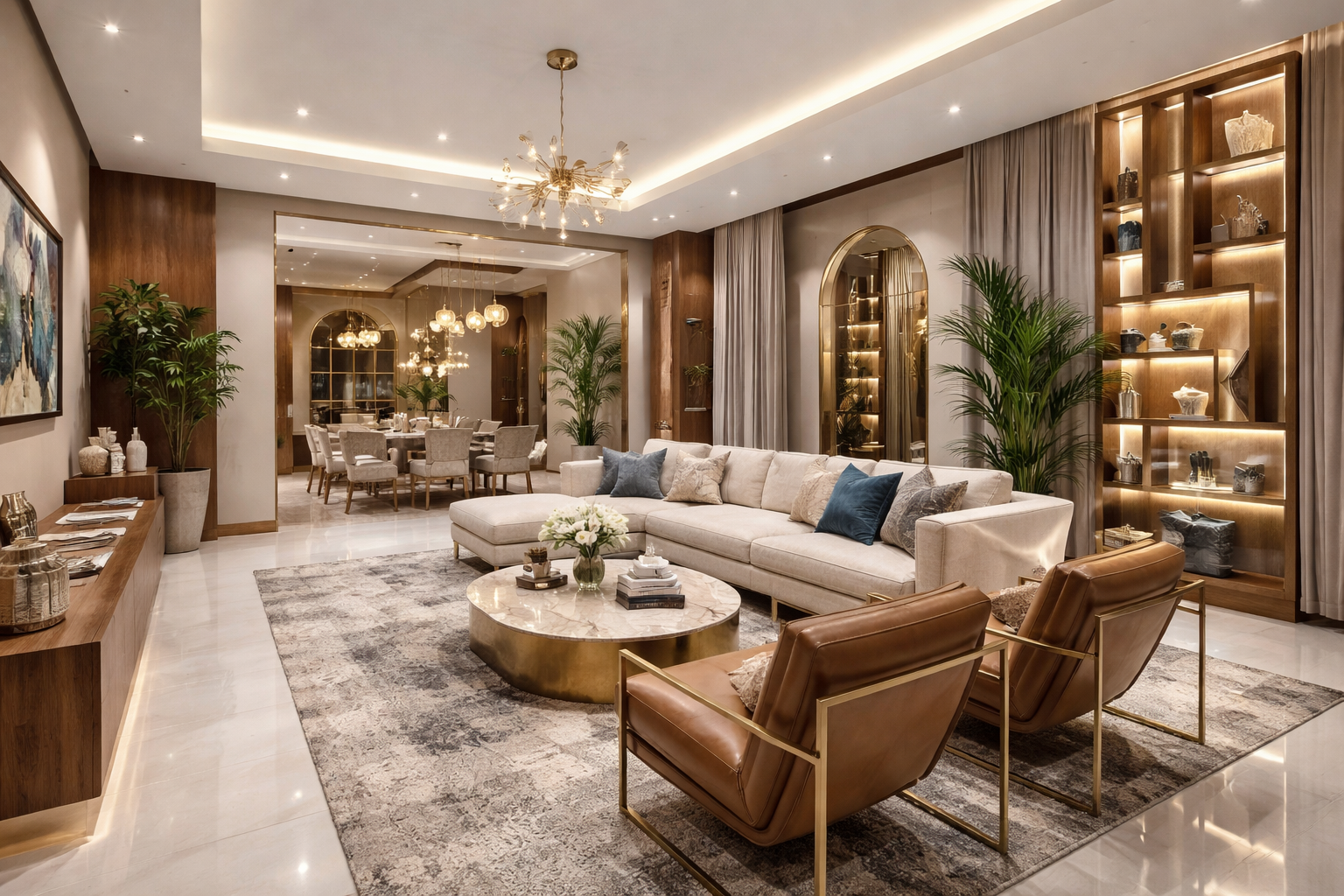 Luxury living and dining interior in Indore featuring a sectional sofa, leather armchairs, and illuminated shelving.