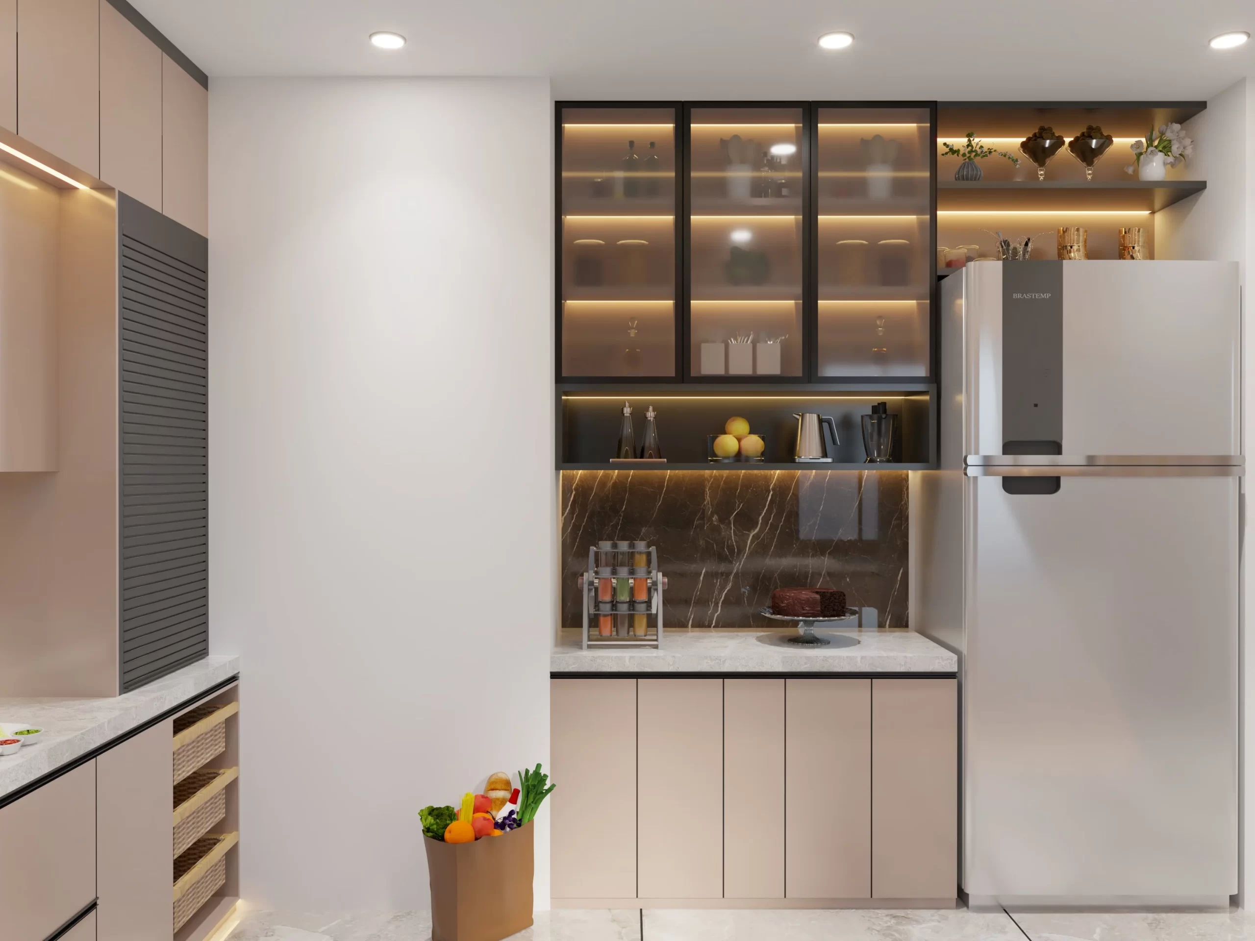 Modern kitchen interior in Indore featuring light cabinets, glass-door upper cabinets, and a refrigerator.