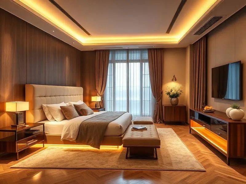 luxury master bedroom interior design ideas in indore with modern furniture and warm lighting