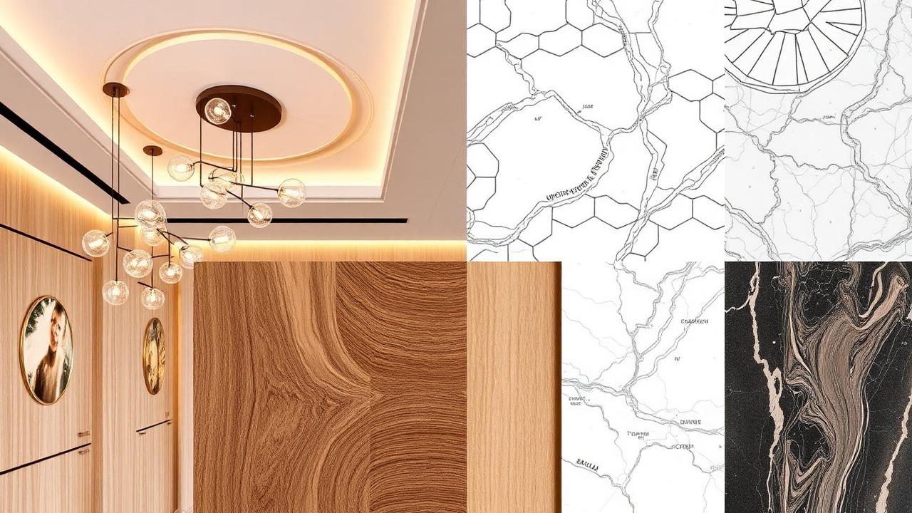 Interior design material board in Indore featuring a glass globe chandelier, wood veneers, marble textures, and CAD patterns.