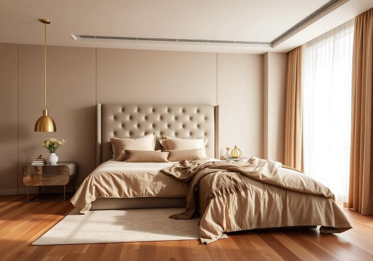 Neutral-toned luxury bedroom interior in Indore featuring a tufted headboard, gold pendant light, and wooden flooring.