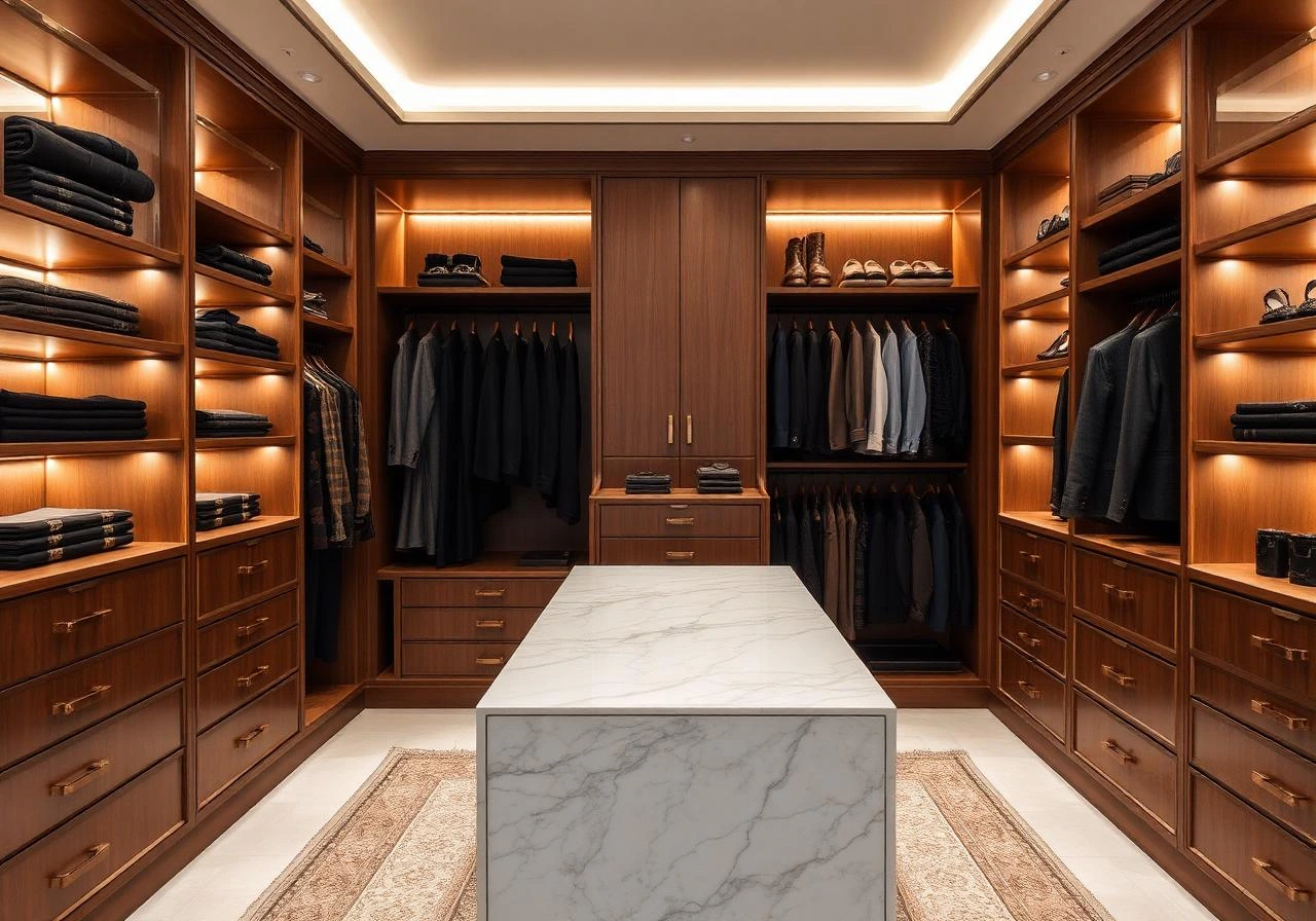 Luxury walk-in closet interior in Indore featuring wooden wardrobes, warm LED lighting, and a marble island.