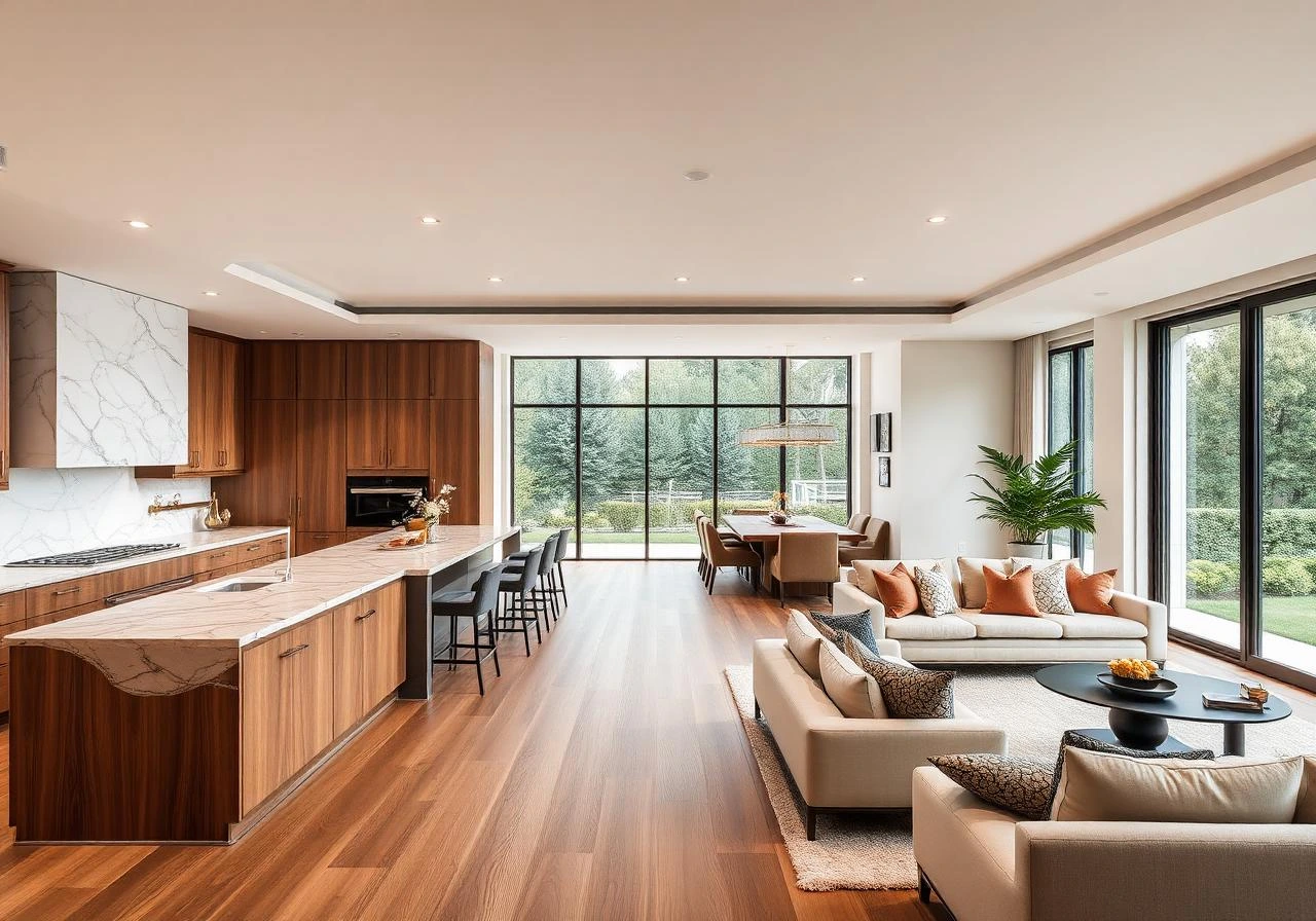 Luxury open-concept home interior in Indore featuring a kitchen, dining area, living room, and large windows.