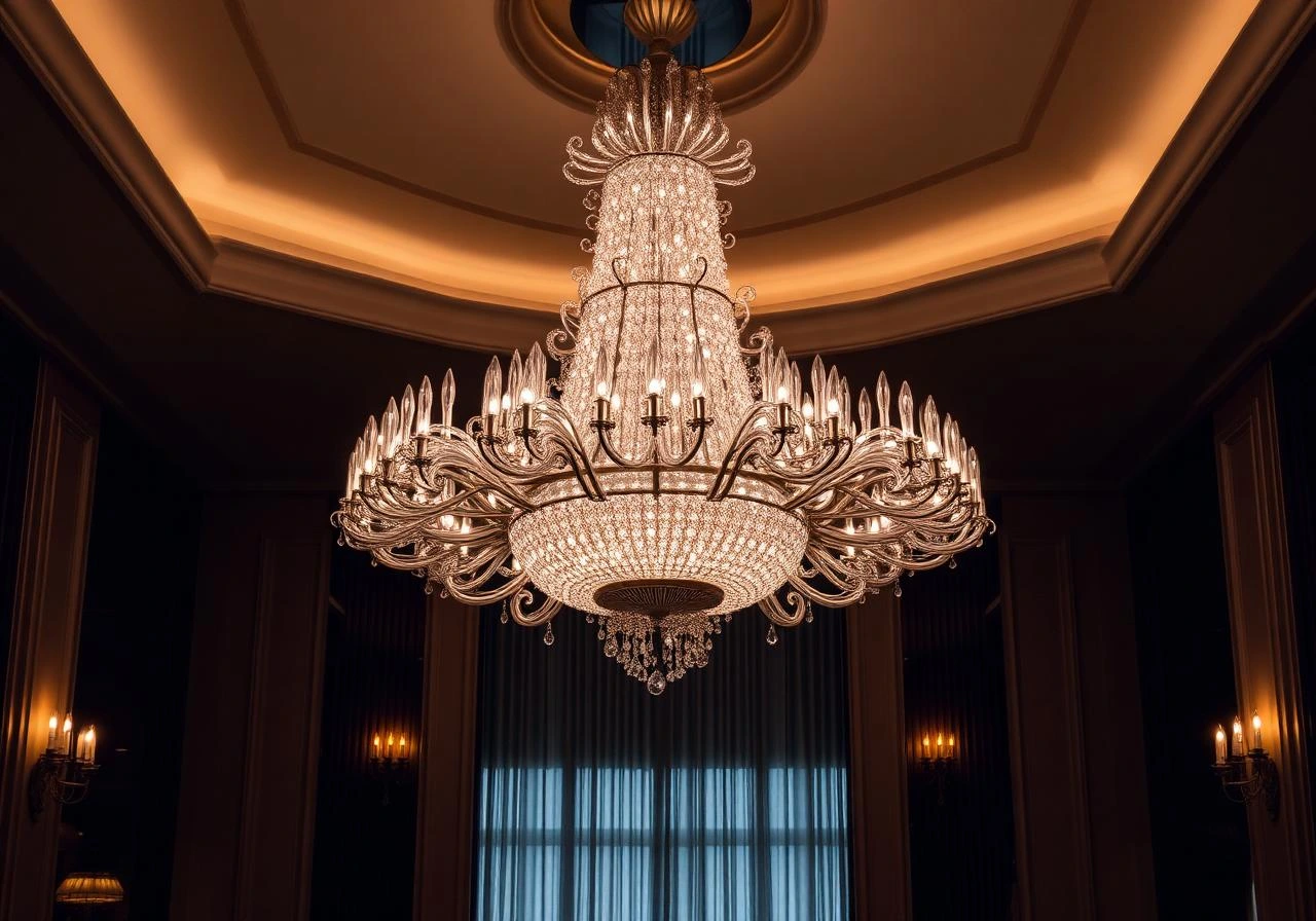 Grand crystal chandelier interior in Indore featuring tiered crystals, candle-style bulbs, and warm ambient ceiling lighting.