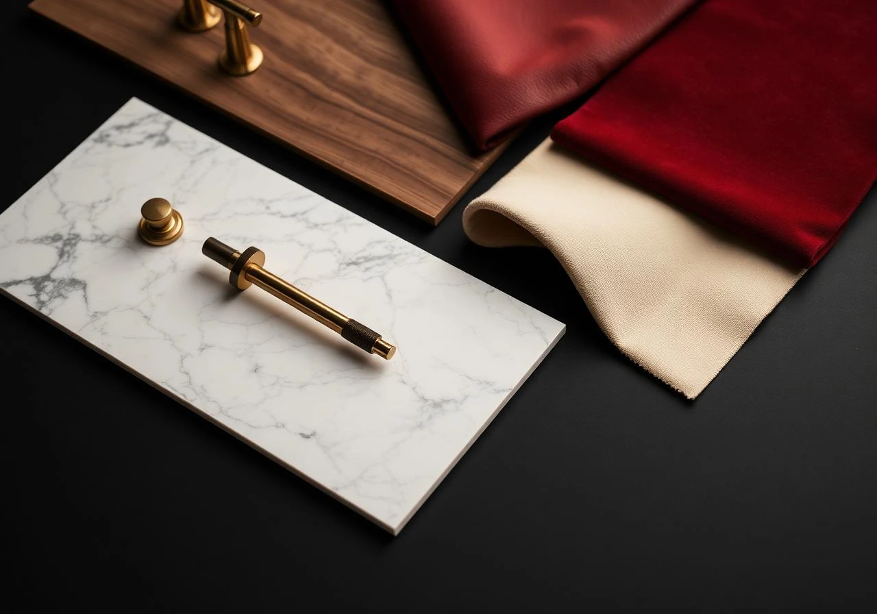 Interior design material palette in Indore featuring white marble, wood veneer, brass hardware, and red and cream fabrics.