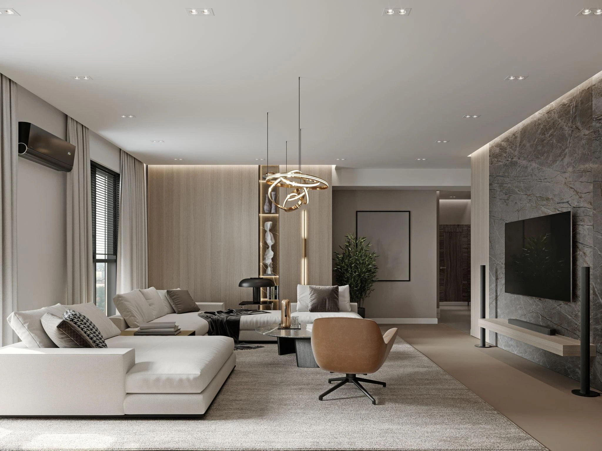 Modern luxury living room interior in Indore featuring a white sectional sofa, marble accent wall, and ring pendant lights.