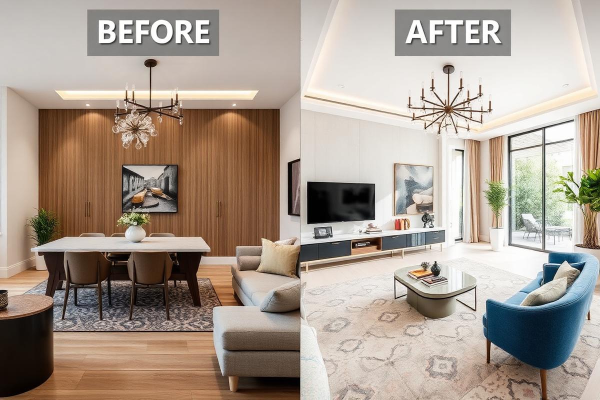 Interior renovation before and after in Indore showing a living and dining room transformation.