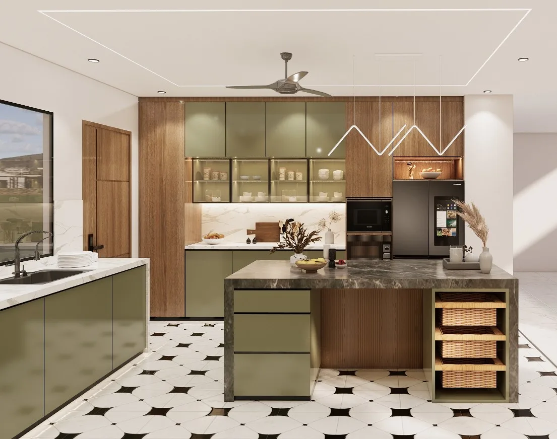 Modern kitchen interior in Indore featuring an illuminated glass display cabinet, a stone island, and patterned tiles.