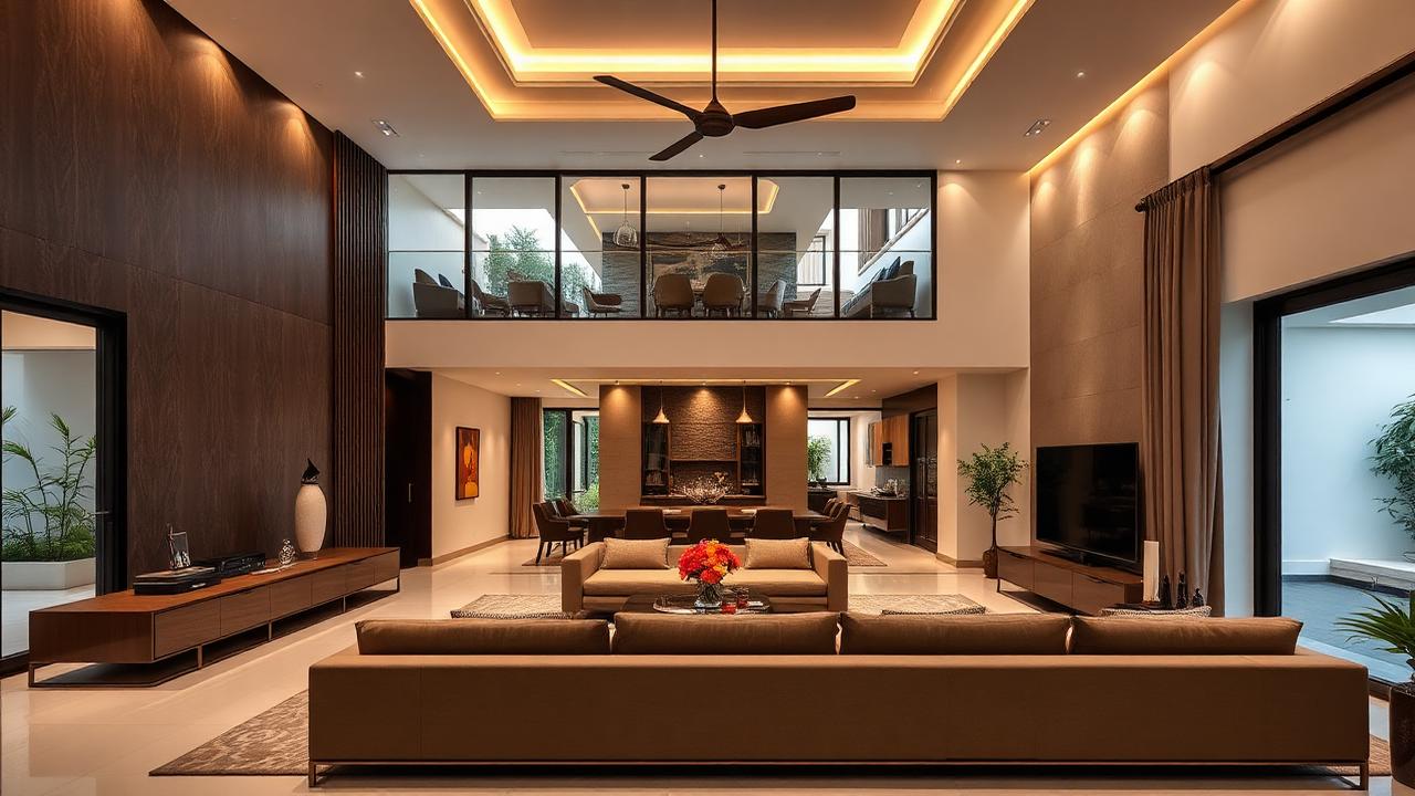 Luxury double-height living room interior in Indore featuring a mezzanine gallery, wood panels, and warm lighting.