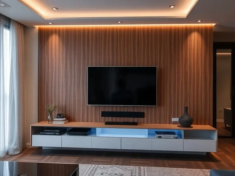 Modern living room TV unit design in Indore featuring wood paneling, a wall-mounted TV, and a floating media console.