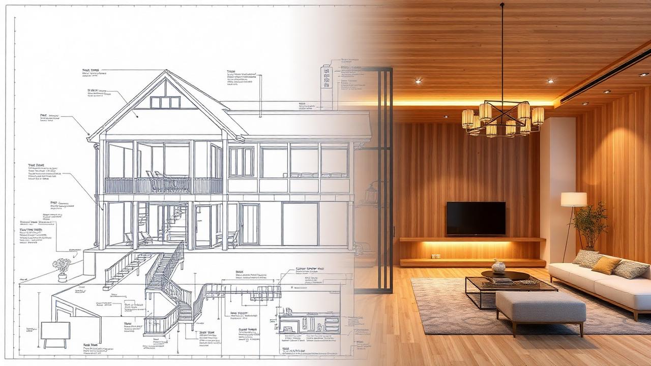 Architectural blueprint blending into a modern wooden living room interior in Indore representing design transformation.