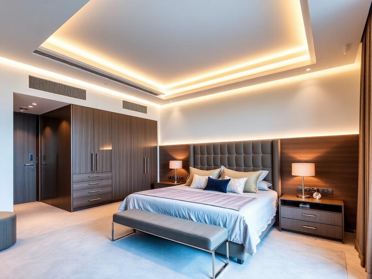 Modern luxury bedroom interior in Indore featuring a tufted headboard, wood paneling, recessed lighting, and built-in wardrobes.