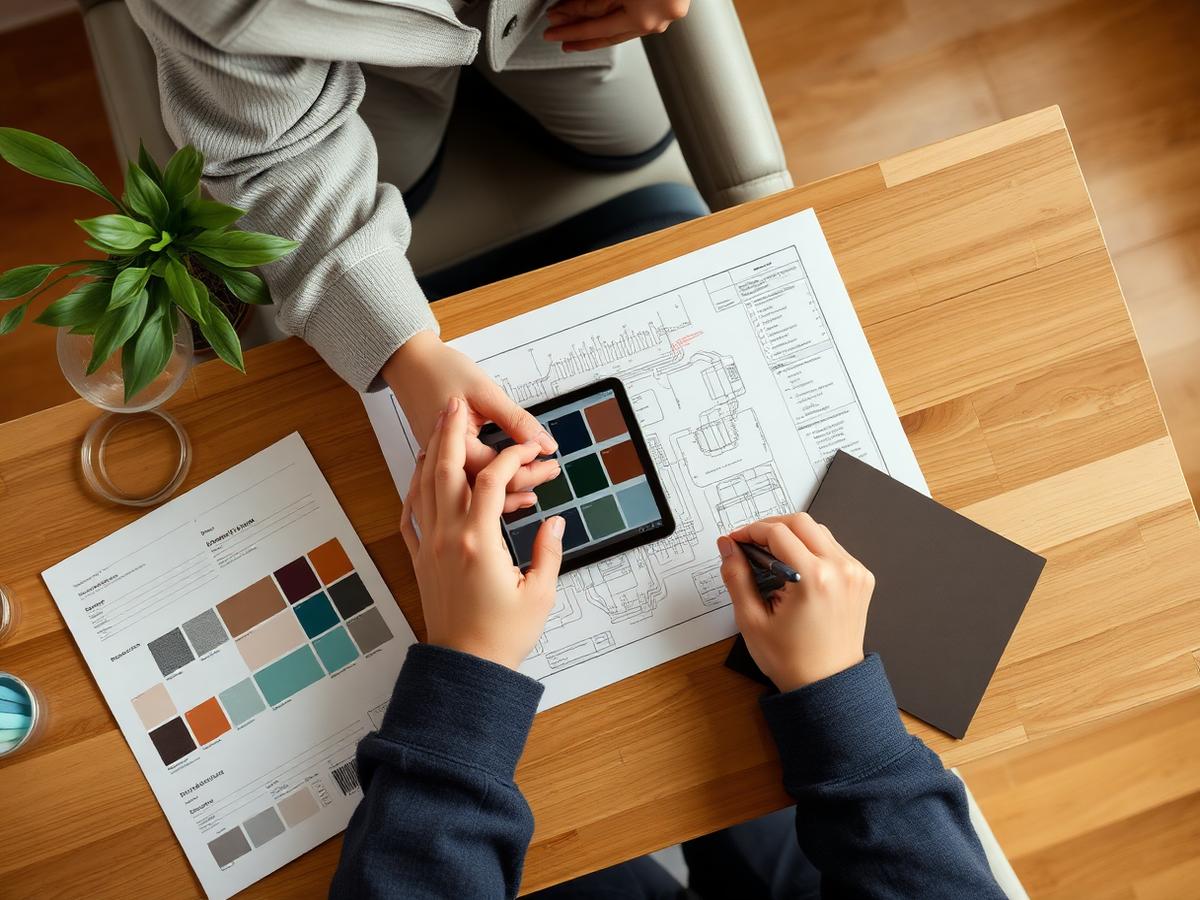 Interior design consultation workspace in Indore featuring color swatches, blueprints, and tablet interaction.