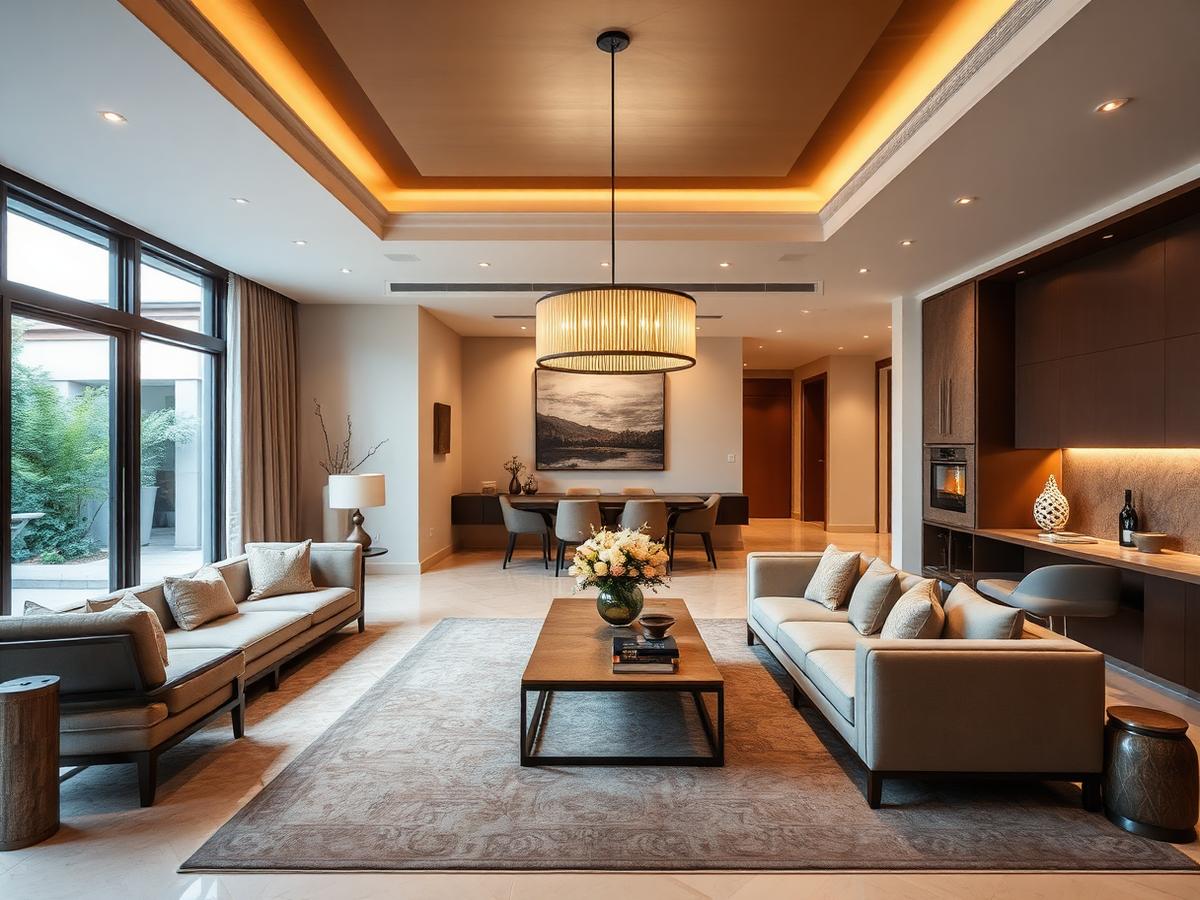 Luxury modern living and dining room interior in Indore featuring dual sofas, a tray ceiling, and a large pendant light.