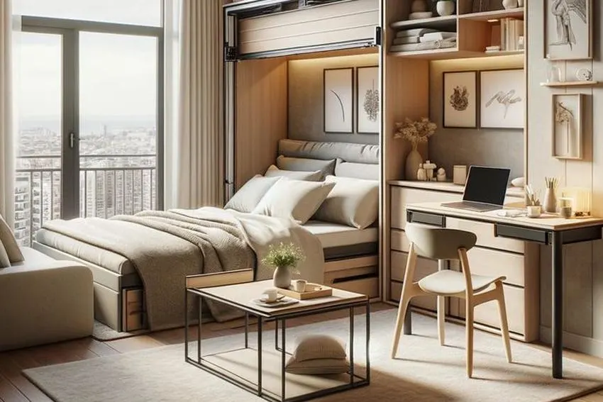 Space-saving Murphy bed and home office interior in Indore featuring a fold-down bed, study desk, and smart storage.