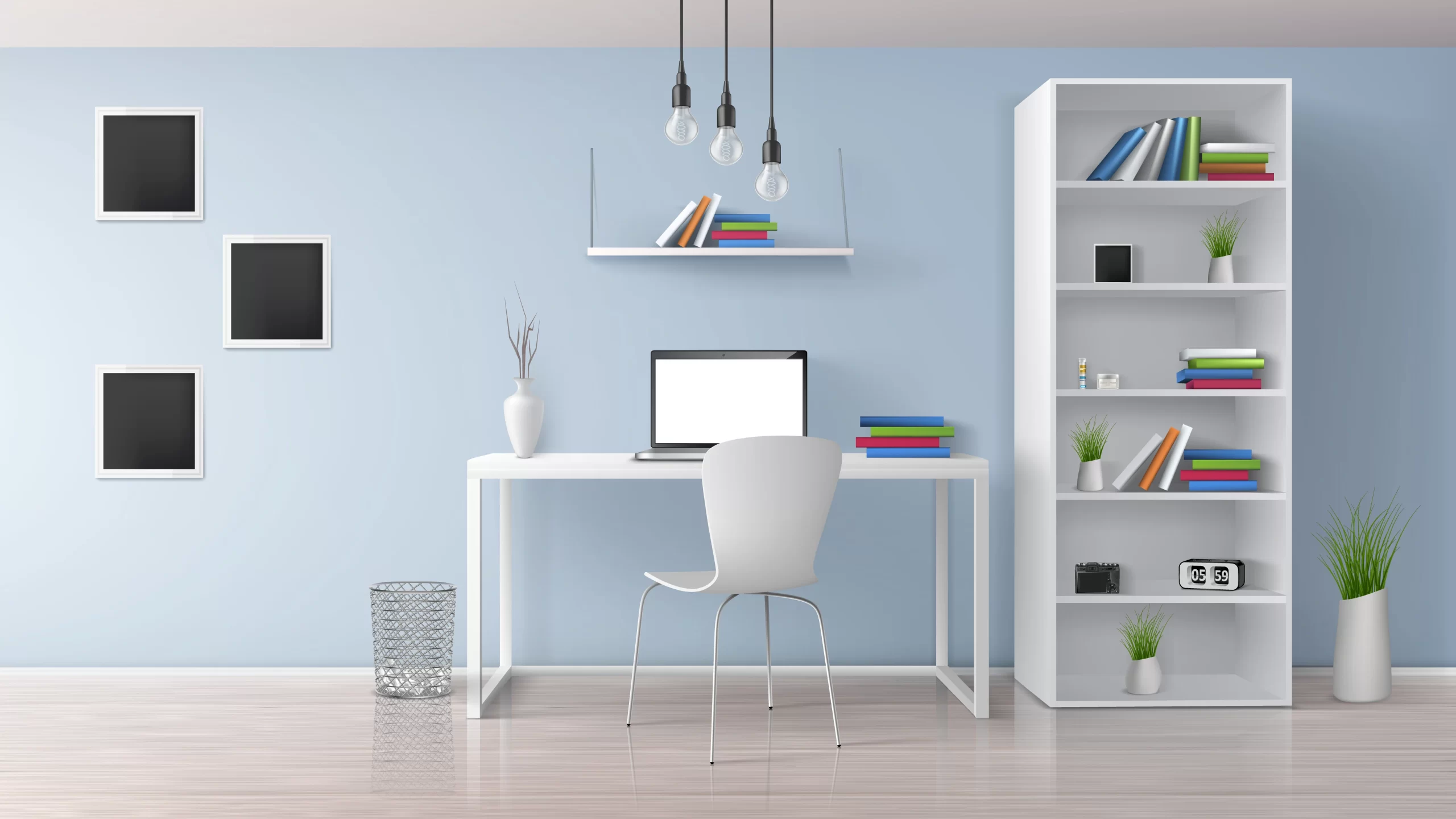 Minimalist home office interior in Indore featuring light blue walls, a white desk, a white bookshelf, and a laptop.