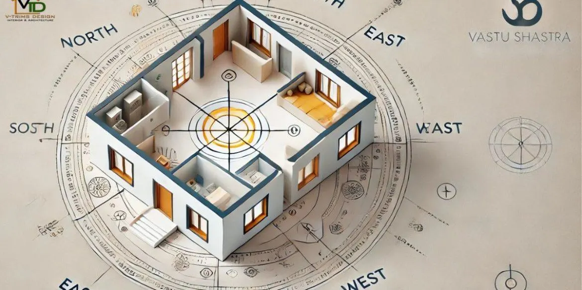 Vastu Shastra architectural house floor plan in Indore featuring directional zoning, a central compass, and room layouts.
