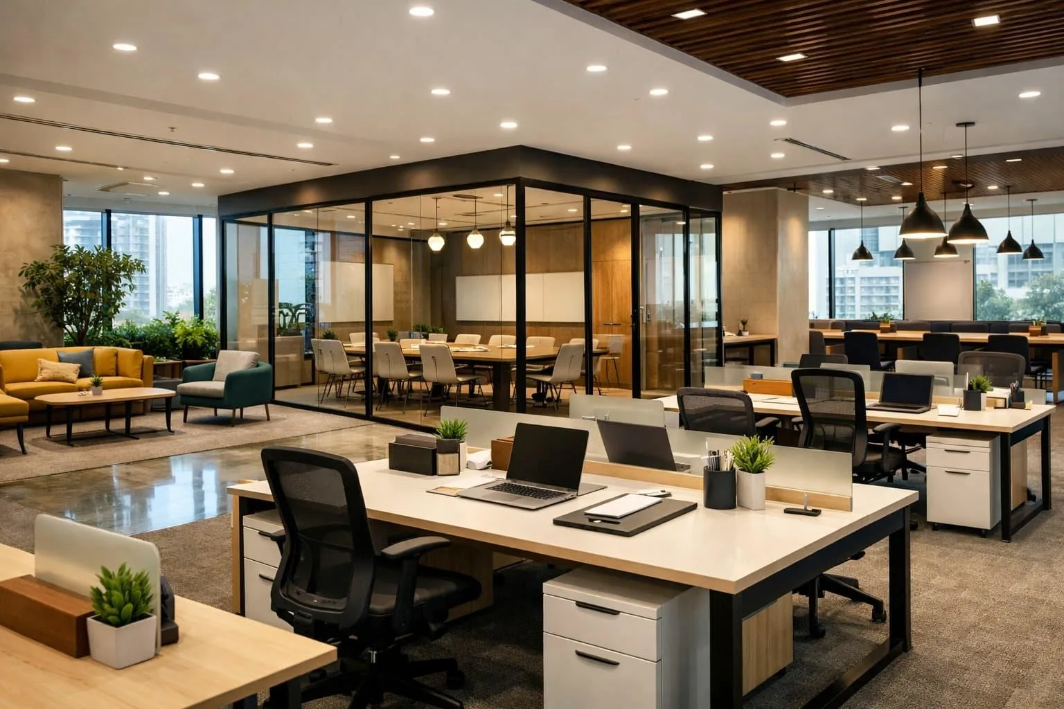 Modern office interior in Indore featuring an enclosed glass conference room, open workstations, and a lounge area.