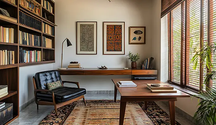 Classic home office interior in Indore featuring dark wood bookshelves, a leather armchair, and a wooden desk.