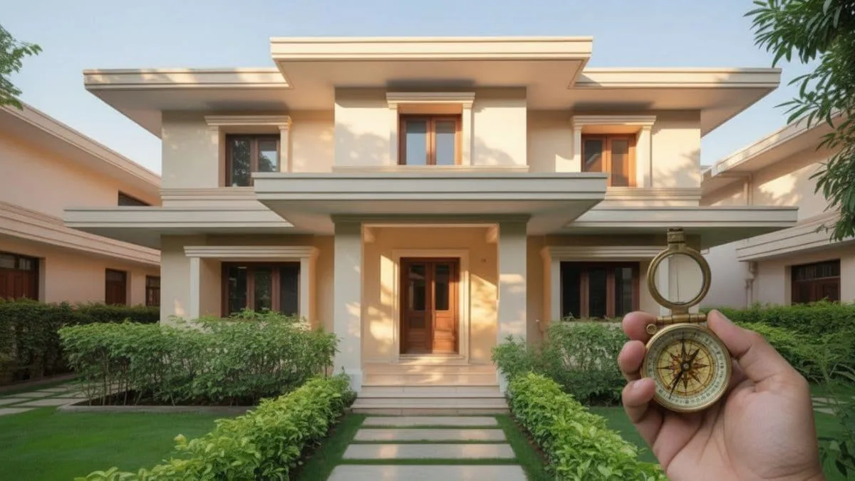 Modern residential exterior in Indore featuring a contemporary facade, landscaped pathway, and a hand holding a brass compass.