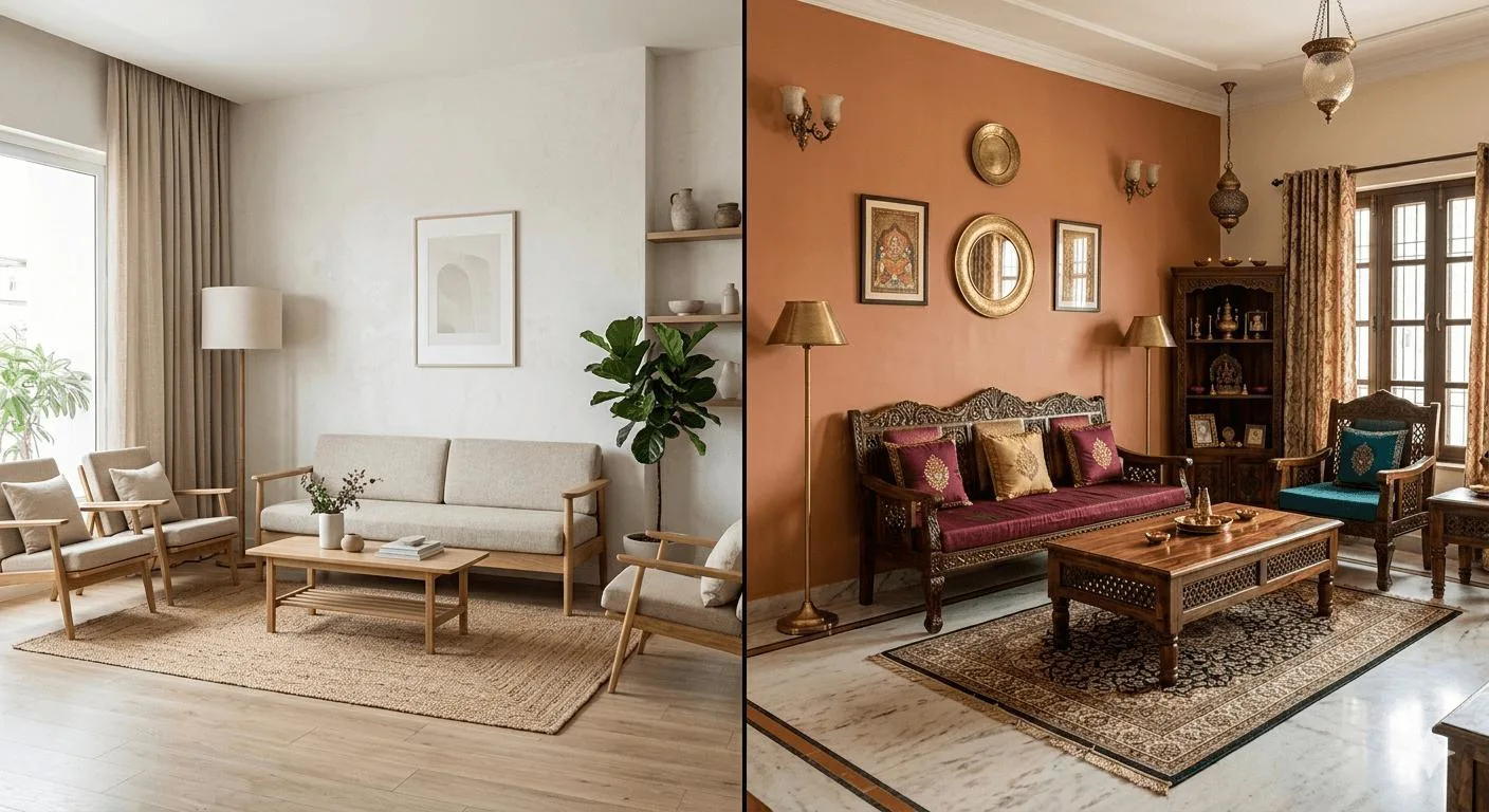 Living room interior transformation in Indore comparing a modern minimalist style and a traditional Indian decor style.
