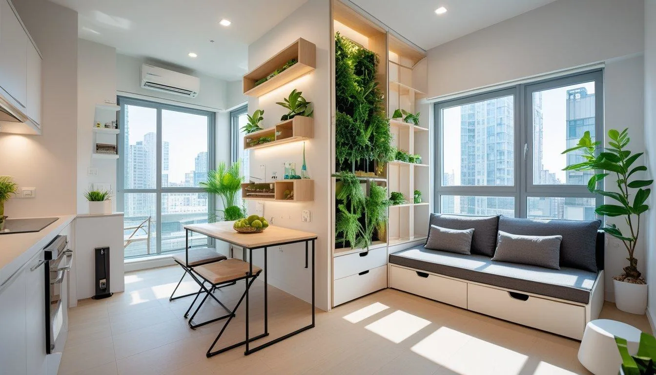 Modern compact apartment interior in Indore featuring a vertical indoor garden, built-in sofa, and dining nook.