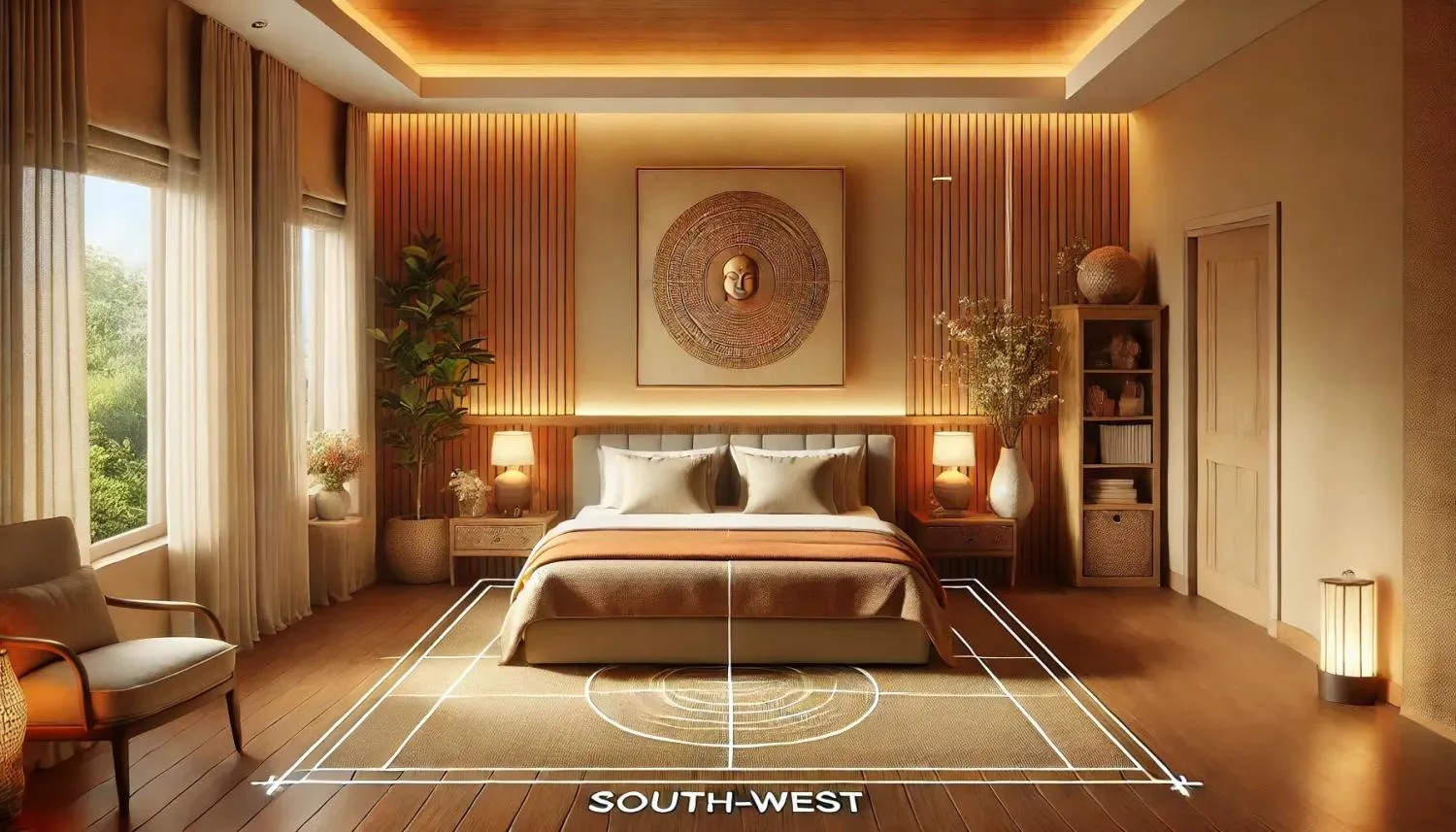 Modern bedroom interior in Indore featuring a king-size bed, wooden slat wall panels, ambient lighting, and Vastu zoning.